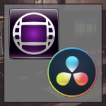 Icon for the reader about creating proxies in DaVinci. The logos of Avid Media Composer and DaVinci Resolve are on top of a translucent grey box, which overlays a blurry image of an editing set.