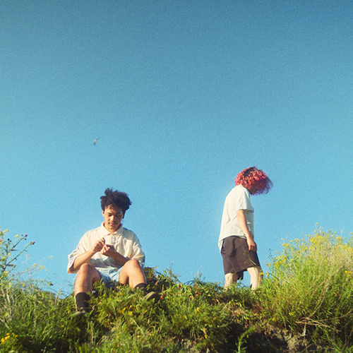 Thumbnail for Incendios. A wide shot of the two boys on some grass on a small hill. The sky is bright blue.