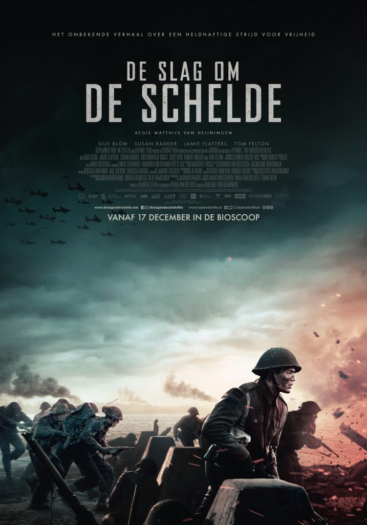 Poster for De Slag om de Schelde/The Forgotten Battle. It's a dark poster with a WW2 battle scene depicted on the bottom; a few young men are seeing en-profil charging into battle.