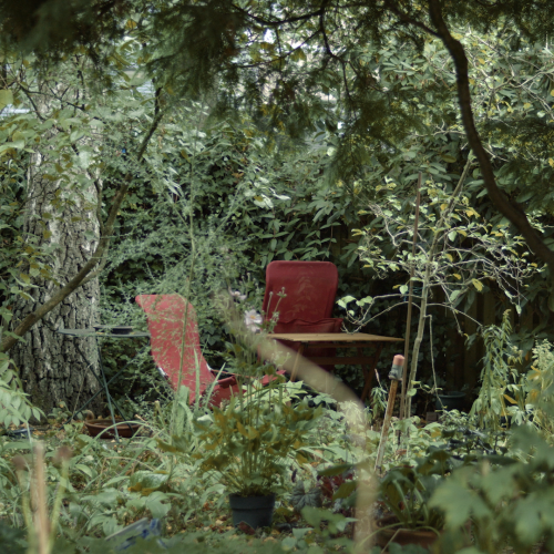 Still from the film 'Synchroon'. It's a wide shot of a seemingly overgrond garden with two empty red garden chairs in the centre. One of the chairs is folded shut against a garden table.