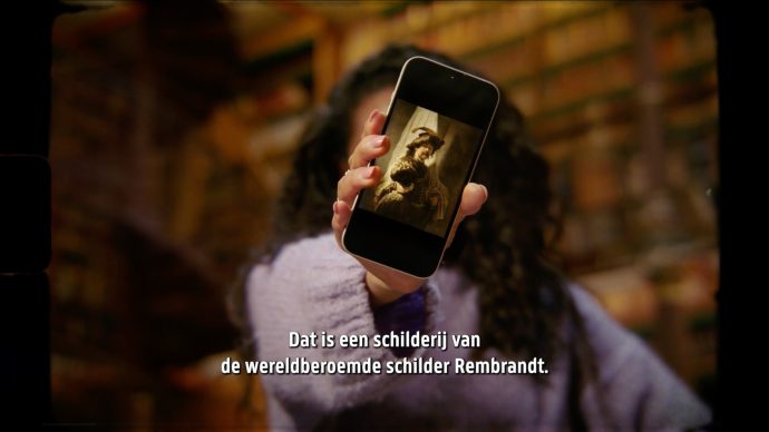 Still from Vaandeldrager - Rijksmuseum. A black woman with long curls is holding up a phone in front of her face. The background is a dark and warm library. On the phone screen is an image of the painting The Standard Bearer by Rembrandt van Rijn displayed. There are Dutch subtitles saying "Dat is een schilderij van de wereldberoemde schilder Rembrandt."