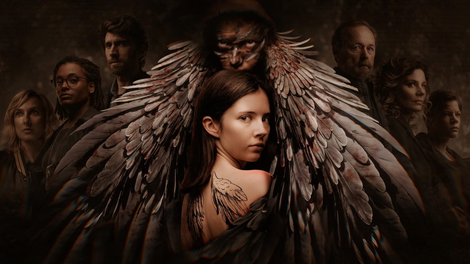 Poster design from Sphinx. In the front is Minke Moorman, a 14 year old young white woman with dark brown hair, with her back turned to the camera. She has a tattoo of a set of wings on her back. She is surrounded by 2 pairs of huge bird wings, with an ominous face looming above her. On both sides are the other characters of the drama series.