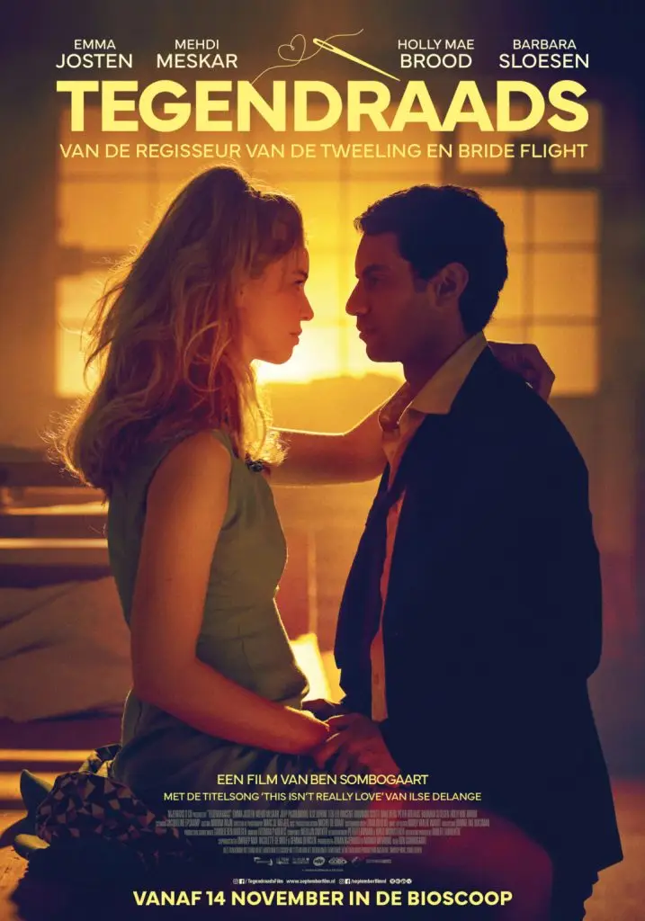 Poster for 'Tegendraads'. It's a sunset lit factory room in the 60s. Two people are facing each other, a Dutch woman with long blonde hair and an Italian man with short black hair.