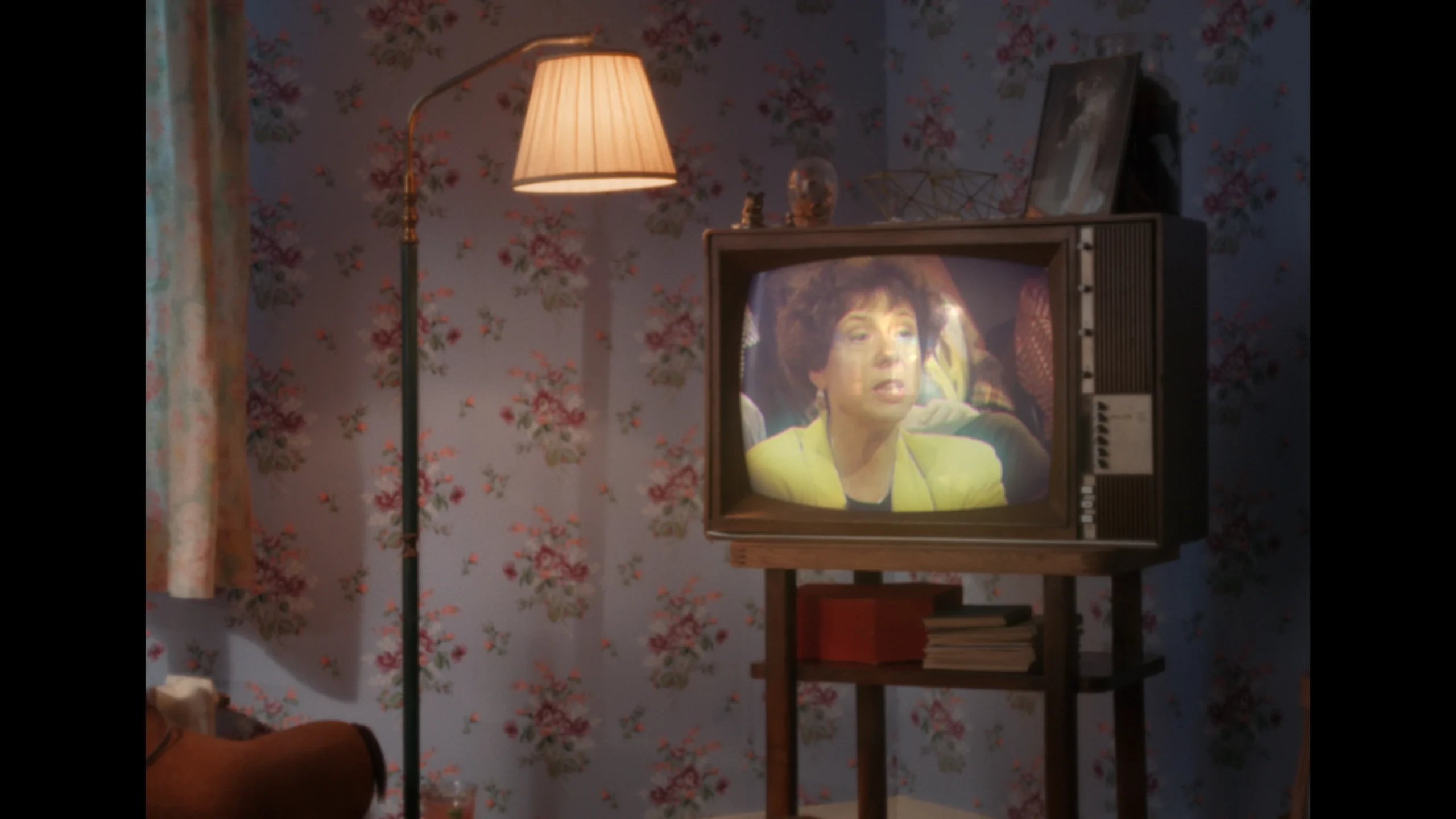 Still from Hoeksteen van de Samenleving. It's a medium wide shot of an old school tv in an retro living room at dusk time. On the television is a woman in an old Dutch talkshow.