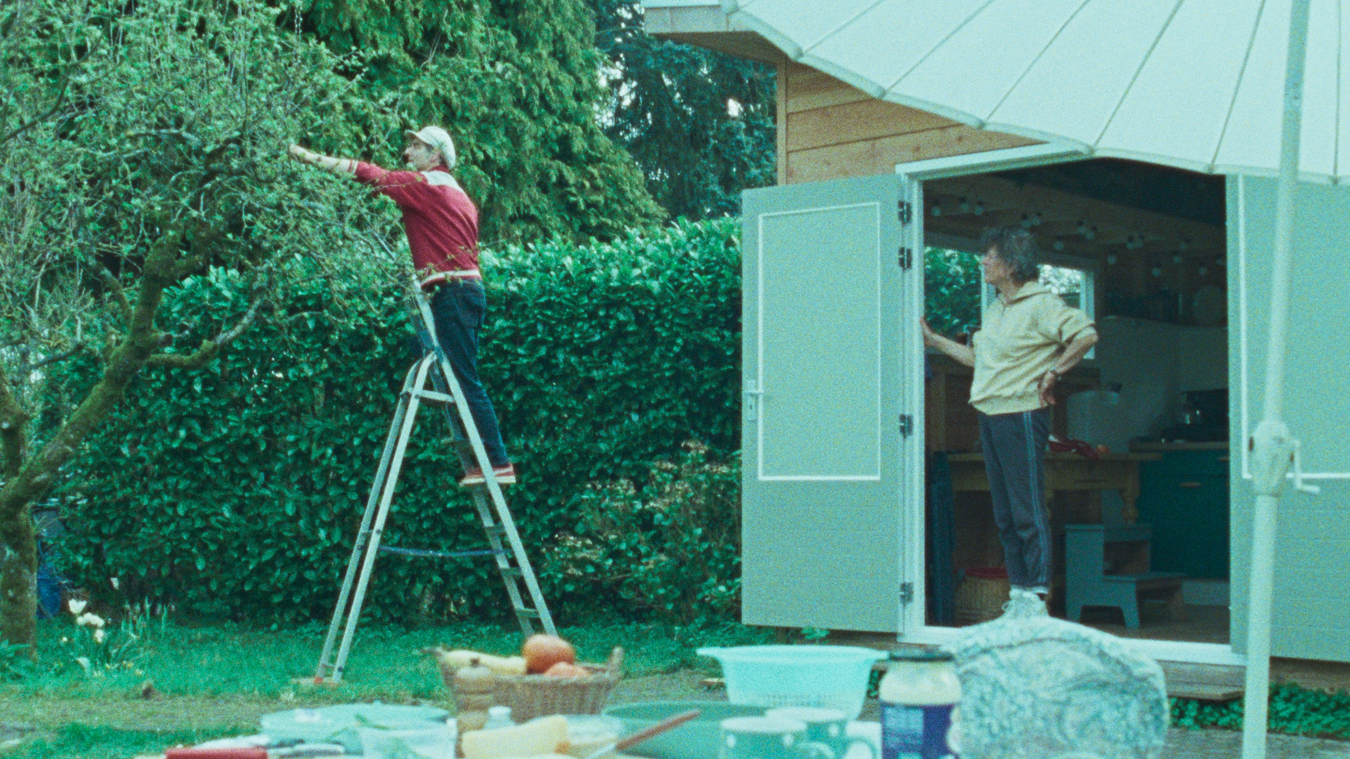 Still from 'Hier bij jou is alles wat ik wil'. It's a wide shot in a garden. On the left, up on a ladder, is Abel, a white man of around 60 years old. he is wearing a red sweater and is reaching towards a tree with garden scissors in hand. On the right side, in the door opening of the shed, is Hester. She is a white woman with curly grey hair of around 60-years-old. She is wearing a yellow sweater.